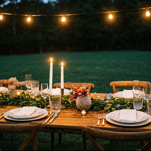 Gourmet farm-to-table dinner served outdoors on a rustic wooden table under fairy lights