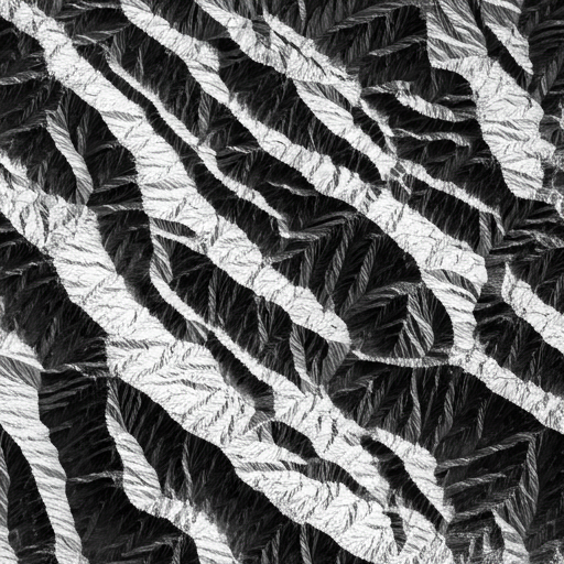 Abstract map-like satellite view of mountain terrain in high contrast black and white