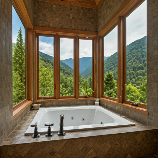 spacious bathroom in a luxury retreat with a deep stone soaking tub and a window looking out at green mountains
