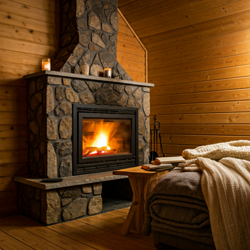 cozy wooden cabin interior with stone fireplace and soft ambient lighting, wool blankets and books on a small table