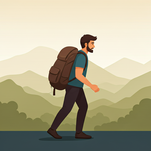 Man walking on a mountain trail with misty peaks in the background, soft daylight