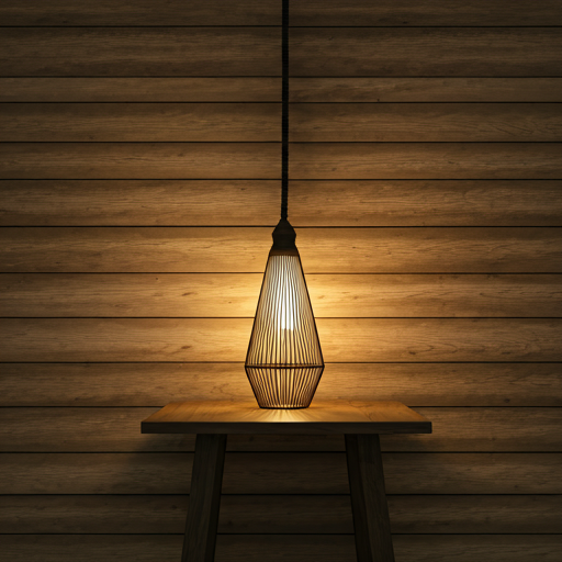 Rustic high-end wooden cabin interior with warm ambient lighting and soft linen textures