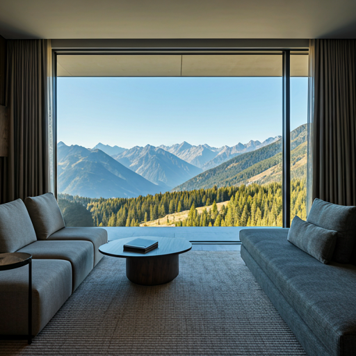 Luxury hotel suite with expansive floor-to-ceiling windows overlooking mountain ranges and minimalist modern furniture