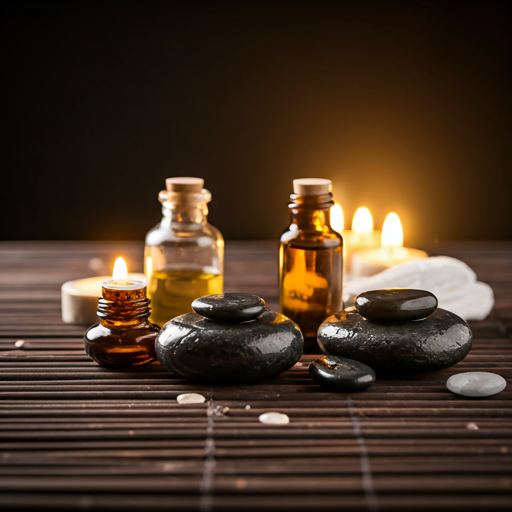 Close up of essential oils and smooth basalt stones in a serene spa setting with soft daylight