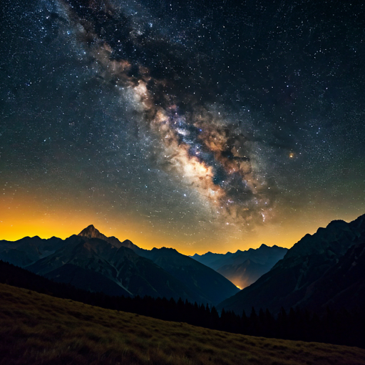 Stunning milky way galaxy visible in the dark night sky over mountain silhouettes