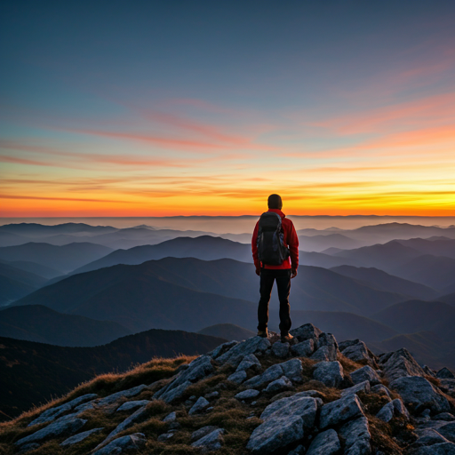 Hiker standing on a mountain peak at sunrise looking over a vast horizon